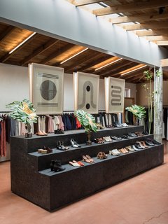 Block Shop's woodblock prints seamlessly integrate into the earthiness of Rachel Comey's Los Angeles boutique. 