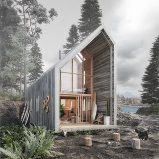 Create Your Own Modular Hut With a Brilliant Prefabricated Assembly Kit - Photo 3 of 8 - Shown here is the back view of the Surf Shack. Leckie is currently siting locations for this project. The hut, as shown, is a version of the basic, three-module hut, with a few special add-ons, such as full-height glass walls and a covered-deck module. 