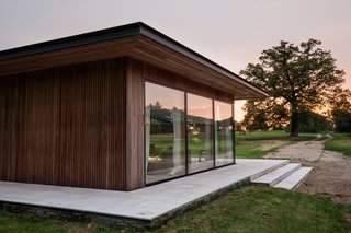 A close-up of the home's elegant wood siding 