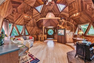 Hexagonal wood paneling makes for a lively interior.