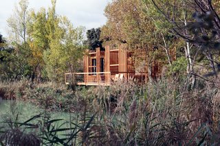 The privacy screens translate the elegant vertical movement of the reeds into a repetitive geometric pattern. 