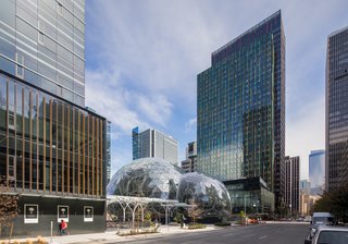Connected via canopy to the second tower of the new Amazon headquarters, the Spheres also provide public benefits, such as public access to the entire first floor, street-level retail, and parkland (including a public dog run).