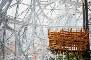 In addition to the plants themselves, the interior also includes tree houses, bridges, a waterfall, and a conference room enclosed by greenery.