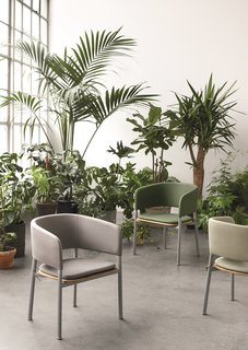 The Atmosphere collection is a strong, minimalist mix of powder-coated aluminum frames paired with Gloster’s signature teak and cleverly designed panels that have been upholstered with weather-resistant outdoor fabric from Sunbrella. Manz thoughtfully selected the Gloster-exclusive palette in muted, modern shades to complement the silvery grey patina the wood will eventually adopt. 