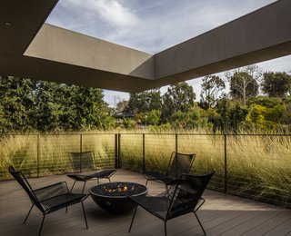 The den opens to a deck, the periphery of which is lined with a living roof. 