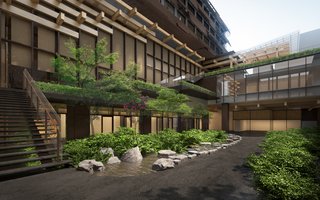 The hotel is intimately connected to Kyoto and its surroundings. "To begin with, the proposition was to create a dense garden where communities, as well as the past and the present, are connected to this venerable land with its various gardens, which have existed since the Heian period," explains Kuma in a statement. "Through the central courtyard, this red brick building will converse and create a new harmony with a wooden grid system that reminisces traditional Kyoto." 