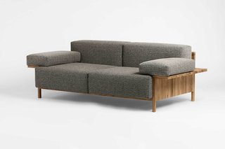 "We were inspired by a wooden bench and the desire to be able to take a good nap in it. Armrests often seem to be in the way of a good position for napping, so we decided to add this function into the armrest, so it would also become a headrest. The result is an armrest that functions as a perfect pillow to rest your head on as well," says Studio David Thulstrup.