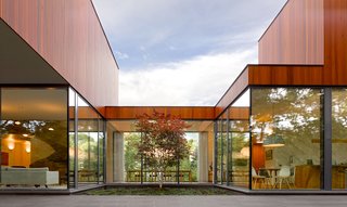 The perpendicular volume faces toward the creek. On the ground level, the kitchen, living room, and dining area overlooks a courtyard that contains a small tree.