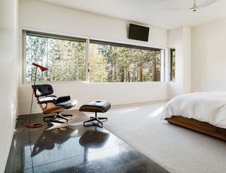The window in one of the upstairs bedrooms horizontally frames the view. 
