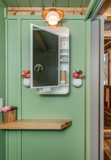 A petite bathroom has been painted a serene shade of green. 