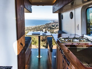 Deluxe redwood interiors even include a mini-kitchen countertop with a live edge. 