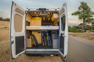 In addition to its gorgeous interiors, the model boasts 300AH of Battleborn lithium battery power storage, a bluetooth enabled Smartsolar controller, a 2000W Go-Power inverter, and room for two mountain bikes. 