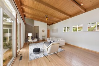 The angled roofline adds to the bright and airy feel of the space. 