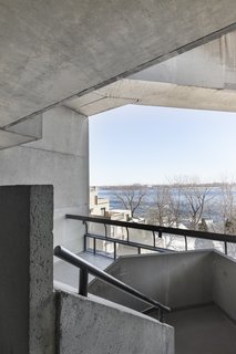 A view of the Saint-Laurence River and the concrete exterior of Habitat 67.