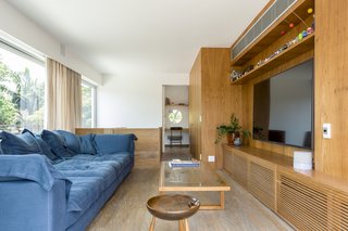 An upper-level media room. 