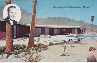 Bing Crosby was an original investor in Thunderbird Country Club. Instead of choosing a lot on the golf course, he was one of the first to purchase at Thunderbird Ranch Estates (now Thunderbird Heights) on the hill overlooking the greens. The house was a modest ranch home with board-and-batten wood siding and floor-to-ceiling windows looking out over the valley. Rancho Mirage wasn't incorporated until 1973, so the entire area was referred to as "Palm Springs."