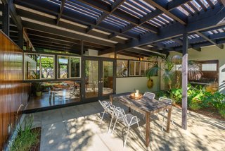 The outdoor patio looking into the home. 