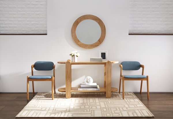 Two Oslo Midcentury Dining Chairs in Stockholm Capri flank the blonde-wood Josef Console Table and Wall Mirror.