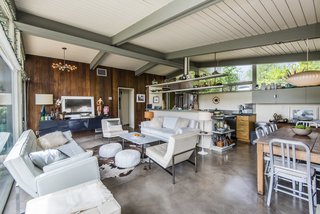 The tongue-and-groove vaulted ceiling defines the living space. 