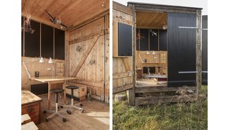 The rustic, unfinished timber interior has room for a good-sized workstation.