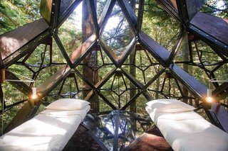 The interior of the Pinecone is a 100-square-foot octagon, however the tree house can be custom made in a larger size.
