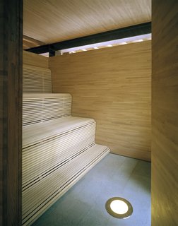 The serene wood-clad sauna. 