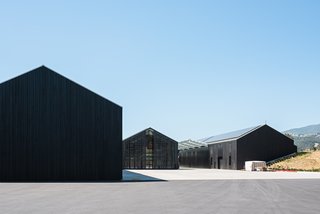 The barn-like forms make a stark, simple silhouette against the landscape. Rooftop solar panels helped the project earn LEED platinum certification.
