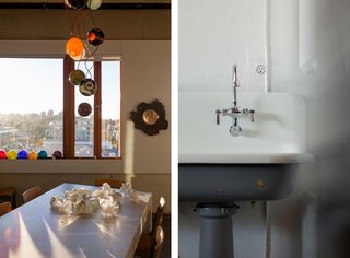 Left: The conference room is strewn with prototypes and works in progress. Right: A detail of Bocci's 22 – an electrical outlet that's designed to mount flush on any surface.
