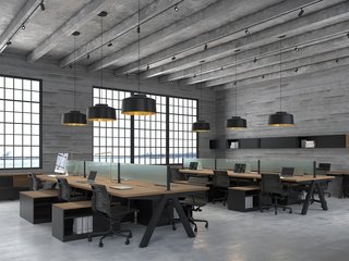 Uhuru Outfits the Office With the Essentials Workplace Collection - Photo 2 of 3 - Glass dividers are available in a white, smoked, or frosted finishes, and felt dividers come in charcoal, gray, or natural tones. Above, the Uhuru Black metal legs on the natural oak bench have a split profile.