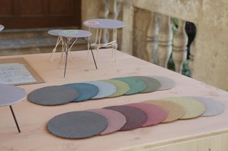 Representing the layered history of Schloss Hollenegg, each slab is made out of pigments, glue, sawdust, and paper.