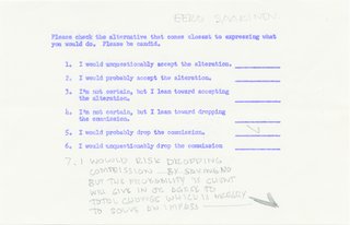 This Book Unearths a Midcentury Personality Study on Architectural Giants - Photo 9 of 13 - In groups of five, the architects discussed both the Third Arm Problem and the Ethics Problem. In the latter, a hypothetical architect named Mr. Brown has shown his plan to a client who is poised to accept the design, but on one condition: the client requires a change that conflicts with Mr. Brown's vision. Mr. Brown can't sway the client but wants to keep the project to broaden his reputation, keep his professional contract, and support himself and his staff. The architects wrote down what they would do in Mr. Brown's position, then debated among themselves to reach a consensus. The recordings of these sessions are revealing of personality: "Emerging from the background noises of ice clinking in martinis and vigorous pencil writing, the energy level of each candidate is captured on tape." Above is Eero Saarinen's response.