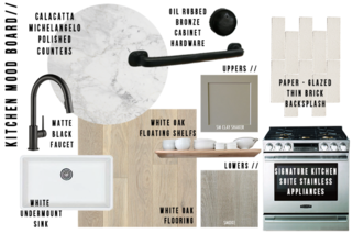 The kitchen mood board features a unified palette of warm beige, gray, and white; the matte black faucet topping the sink and oil-rubbed bronze cabinet hardware provide a stark contrast. Against this backdrop, stainless steel appliances by Signature Kitchen Suite offer a material and chromatic departure. "Tell me that’s not the swankiest range you’ve ever laid your eyes on!" writes Lewis. 