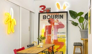 LED neon flex is a string of LED lights encased in PVC, making it durable, flexible, and more energy efficient. Above, a banana ($895) designed in collaboration with Kip & Co hangs alongside What's Up? ($300) bunny ears.