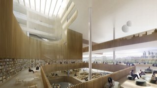 Three staggered reading rooms form a grand central atrium, creating intersecting spaces that encourage visitors to explore in a balance between inward and outward focus.
