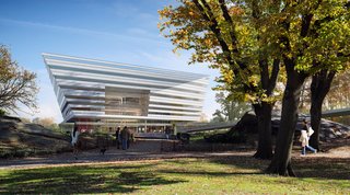 The Shanghai Library visually reads like the "central rock within a city-scale Chinese garden," as Chris Hardie describes. Century Park spans over 140 hectares and is the largest park in Shanghai, China.