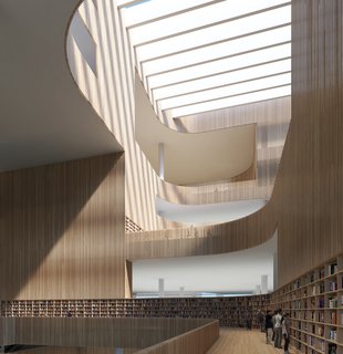 The wooden slats that line the central atrium are of varying transparency: "Some are open, some are semi-open, and some of solid with acoustic insulation in between," says Hardie.