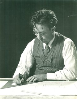 Alden B. Dow: The Mastermind of Midwestern Modernism - Photo 1 of 7 - Alden B. Dow works at his drafting table in 1937, the year he wins the Diplome de Grand Prix for residential architecture at the Paris International Exposition. The fifth of Herbert and Grace Dow's seven children, Alden graduated from Midland High School and studied chemical and mechanical engineering at the University of Michigan before leaving for the Columbia University School of Architecture. In 1933, he spent a summer as a Taliesin Fellow under the tutelage of Frank Lloyd Wright, with whom he struck up a lifelong friendship.