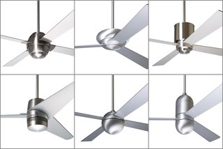 Some of the Modern Fan Company's most popular and iconic designs include (from left to right, top to bottom) the Gusto, Altus, Lapa, Velo, Ball, and Cirrus fans. The collection demonstrates minimalist design principles that marry geometric forms with contemporary finishes. 