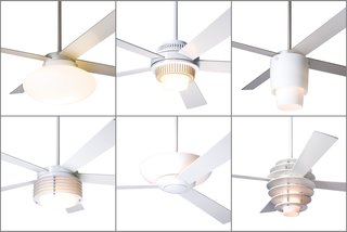 From left to right, top to bottom: the Cloud, Solus, Halo, Pharos, Aurora, and Stella fans with integral lights previously used halogen or compact fluorescent lamps, and will soon be available with LED lighting. Ceiling fans that come with optional light kits will have LED solutions, too.