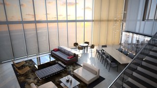 A rendering showcases the possible interior design of the penthouse, which occupies four stories—navigable with a private glass-encased elevator—and has space for 11 cars. The unit includes over six bedrooms and six-and-a-half baths.
