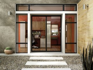 A Dark Bronze Anodized frame emphasizes the sleek lines of a Milgard® Aluminum Patio Door, which offers durability and clean aesthetics.