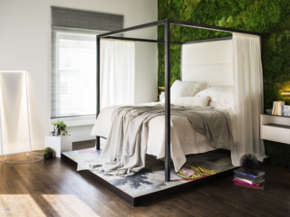 Referencing the progress of modern fashion, art, and culture, Jaimie Belew's bedroom suite marries softer elements, like the preserved living wall and textiles, with graphic accents for a "Modern Avant Garde setting."