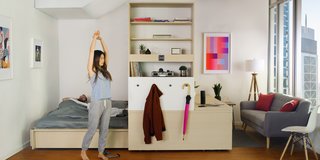 The system—which is available in a variety of materials, finishes, and colors—moves along a mechanical track through a simple, physical interface, the Ori mobile app, or an Alexa voice command. Hidden at the bottom of the unit is a full- or queen-sized bed that can be deployed to convert the space into a bedroom. On the same side, plentiful storage and a concealed desk serve as a closet and home office. On the other side, a media center boasts further shelving and a pull-out surface that can act as a coffee table. With the Ori system, says CEO Hasier Larrea, "you can start thinking about how a space really adapts to us and our activities and not the other way around."