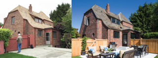 Painted gutters and trim, and a new fenced-in patio with steps transforms the backyard exterior into a more modern and usable space.