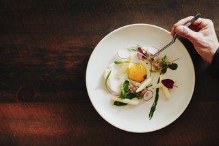 Go Wild - Photo 4 of 6 - A delicate side dish with morels poached in beurre monte, asparagus and egg on ramp top puree.