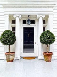 When selecting a front door color, it's always important to be thoughtful of the surrounding colors and finishes, whether they are brick, wood, or even greenery. And if you're looking to integrate a black door with a white frame, there's no reason why can't split the difference with a few classic black-and-white stripes.