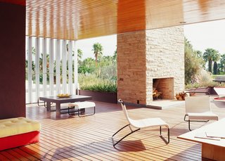 While a two-story structure did not meet the zoning code, Richard Neutra bypassed that via his design of a "gloriette," an outdoor room flanked by aluminum louvers. Those panels shelter the home against the harsh desert elements and were recreated as part of the five-year restoration of Richard Neutra's original design. 