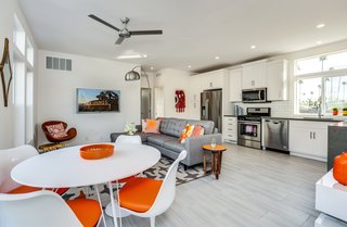 Pictured is the largest of the units, the "not-so-tiny home." Its two bedrooms anchor each end of the home, offering privacy. The homes feature 9-foot ceilings, and this unit can accommodate a king-sized bed.