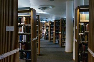 Aisles weave throw a sea of latticed bookshelves and columns.
