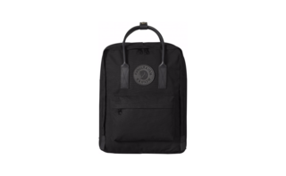 A leather-trimmed black on black Kånken backpack, compact for everyday carry.